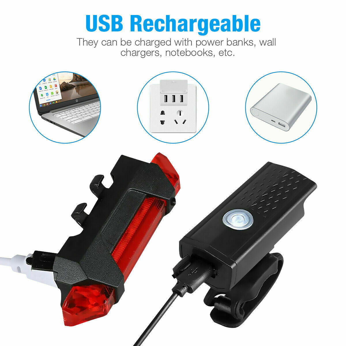 USB Rechargeable LED Bicycle Headlight and Taillight Set - Waterproof Front and Rear Bike Lights