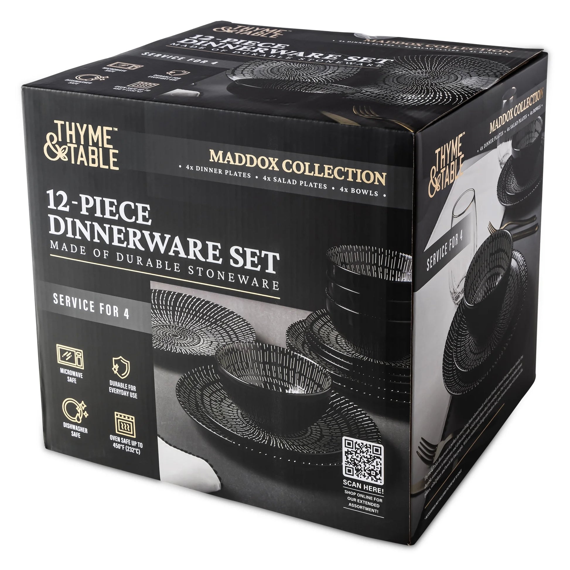Thyme & Table Maddox Collection 12-Piece Stoneware Dinnerware Set, Service for 4, Teal/Black, Microwave & Dishwasher Safe