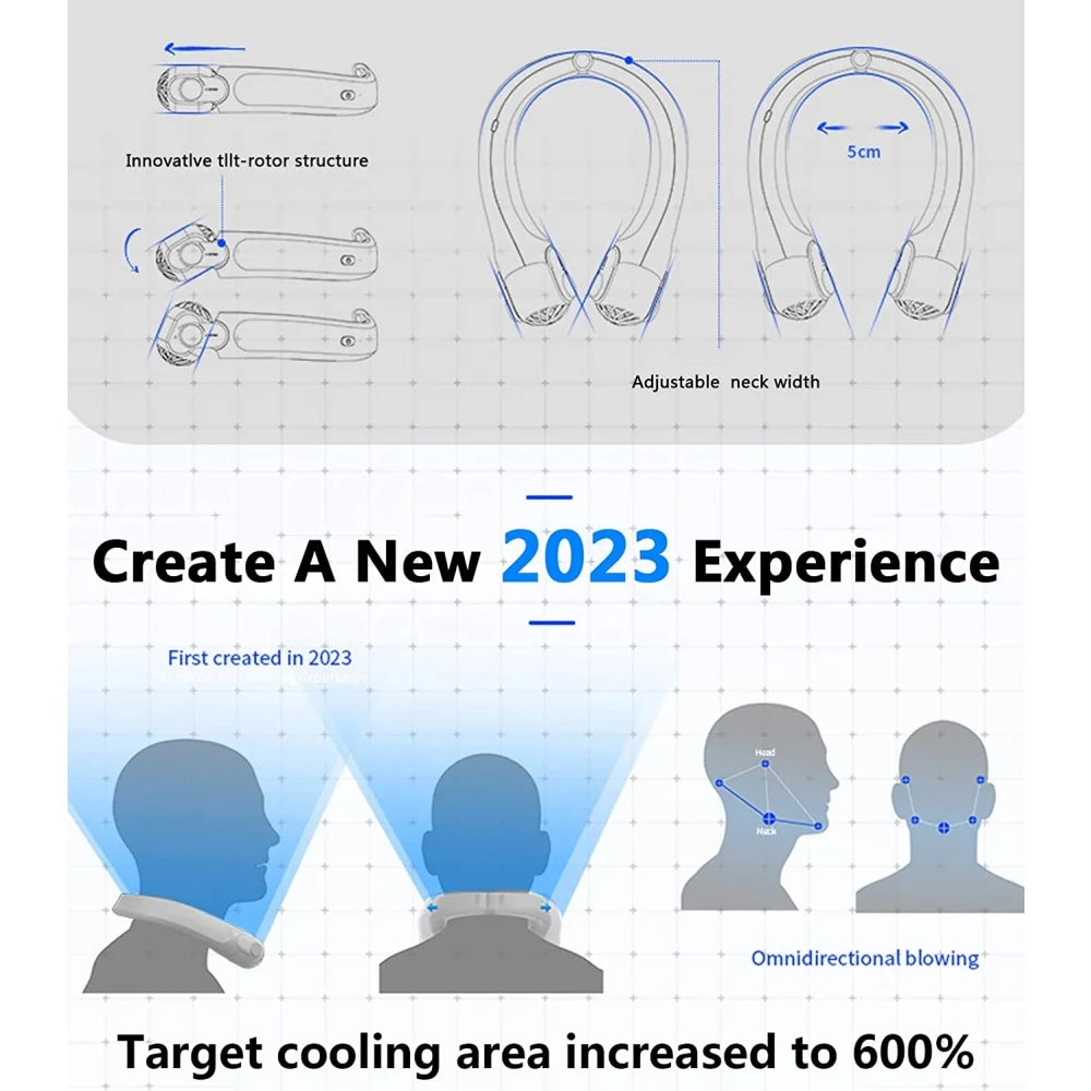 Portable Neck Fan, Hands-Free Bladeless Personal Fan, Rechargeable, White