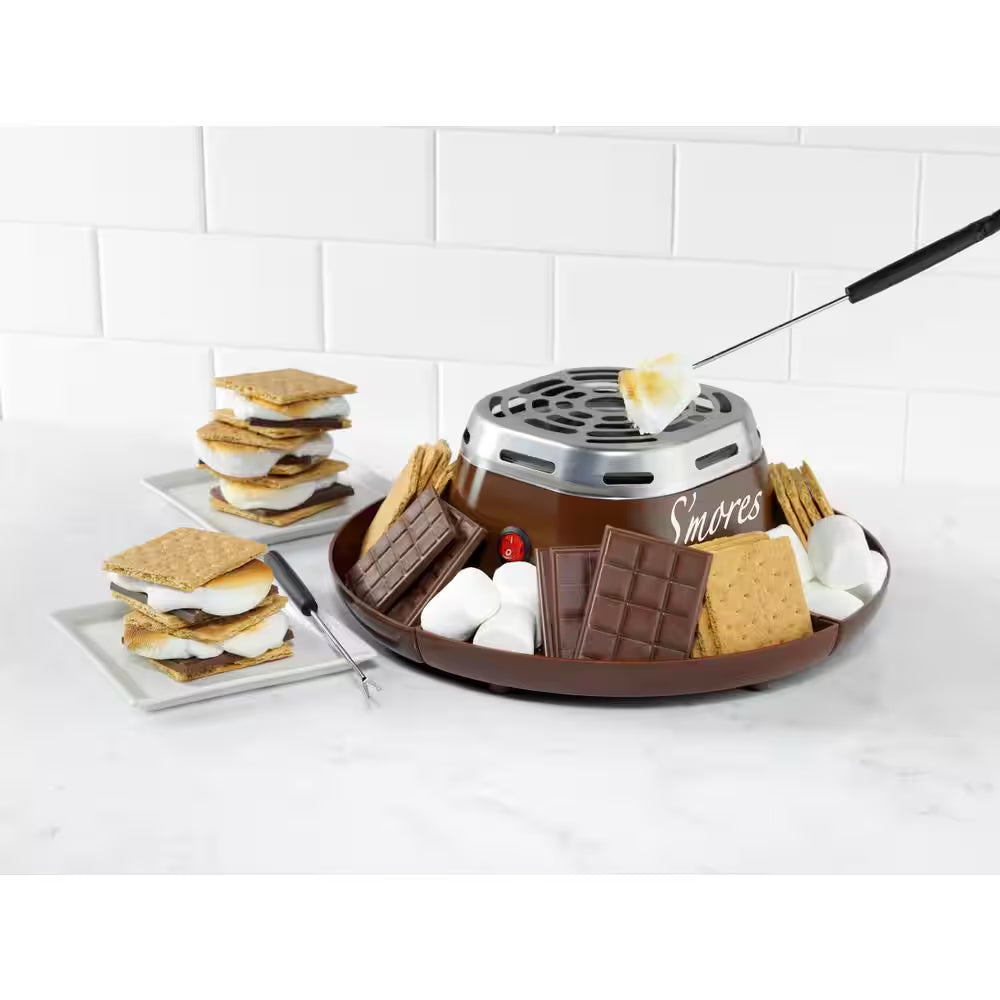 Nostalgia SMM200 Indoor Electric Stainless Steel S'mores Maker with 4-Compartment Lazy Susan Tray and 2 Roasting Forks, Java Brown