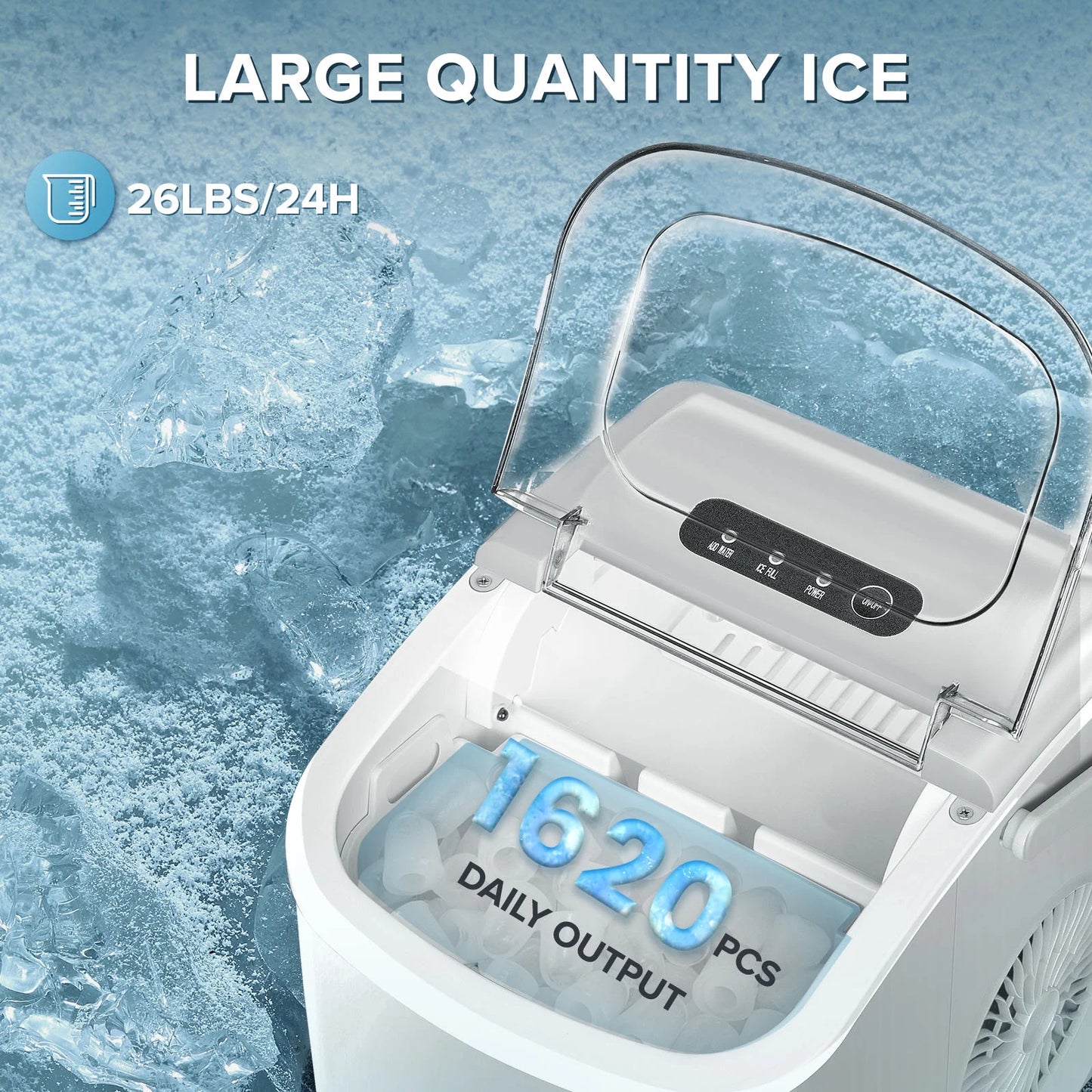 Simzlife 26 lbs/24H Countertop Ice Maker, 9 Bullet-Shaped Ice Cubes in 6 Min, Self-Cleaning, Portable with Scoop & Basket, White