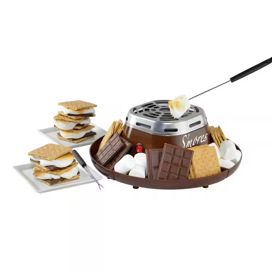 Nostalgia SMM200 Indoor Electric Stainless Steel S'mores Maker with 4-Compartment Lazy Susan Tray and 2 Roasting Forks, Java Brown