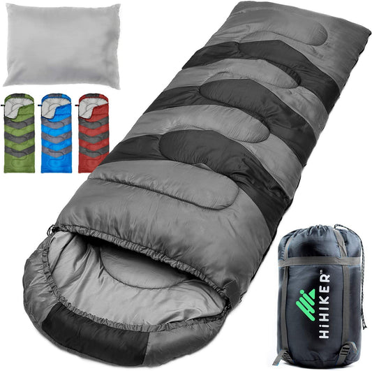 HiHiker 4-Season Camping Sleeping Bag with Travel Pillow & Compact Compression Sack – Lightweight, Warm, Washable for Adults & Kids, Ideal for Hiking & Traveling