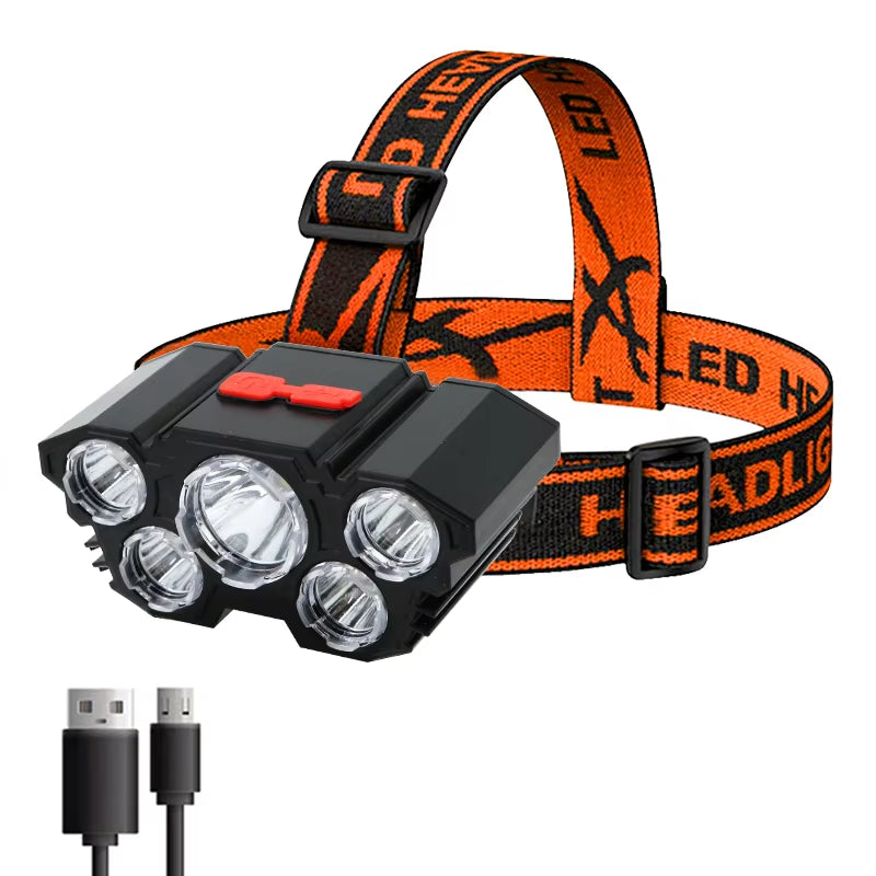 Rechargeable 5-LED Headlamp with Built-In Battery - Ultra-Bright Flashlight for Camping, Fishing, and Outdoor Adventures