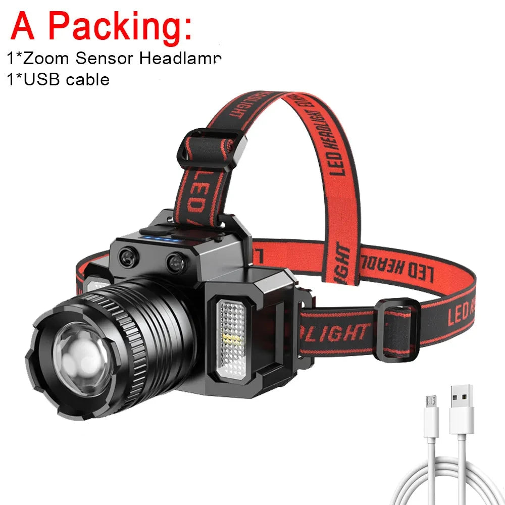 Rechargeable LED Sensor Headlamp - Versatile Camping and Search Light with 5 Adjustable Styles