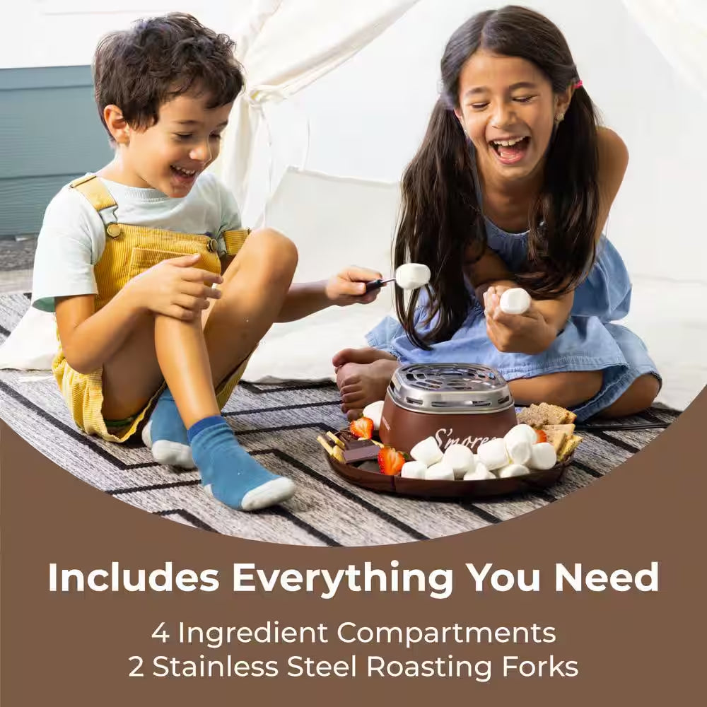 Nostalgia SMM200 Indoor Electric Stainless Steel S'mores Maker with 4-Compartment Lazy Susan Tray and 2 Roasting Forks, Java Brown