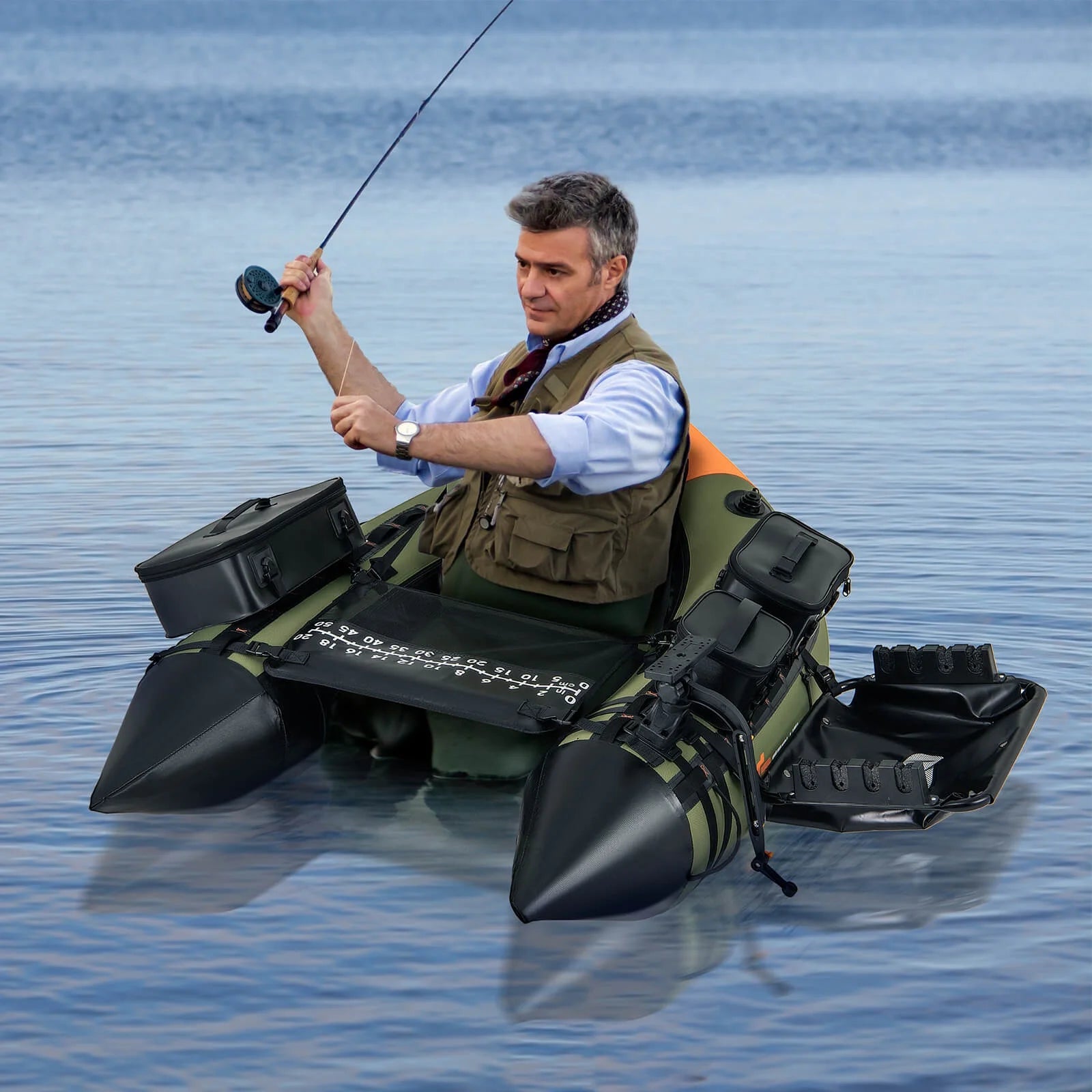 Inflatable Fishing Float Tube Portable Fishing Boat with 3 Detachable Storage Boxes Green