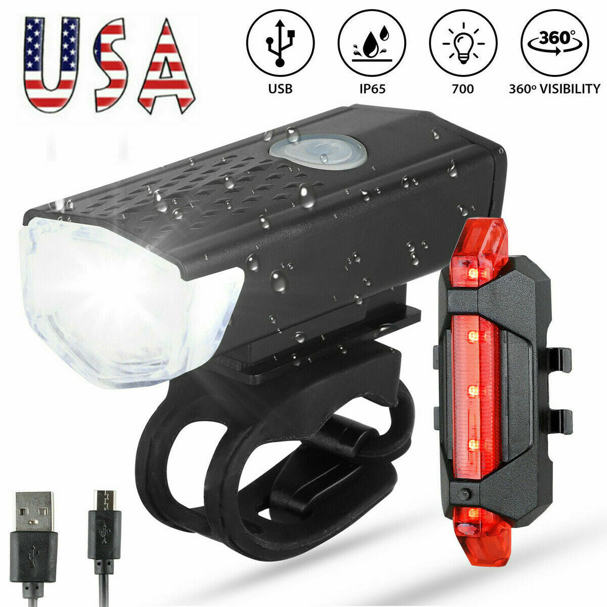 USB Rechargeable LED Bicycle Headlight and Taillight Set - Waterproof Front and Rear Bike Lights