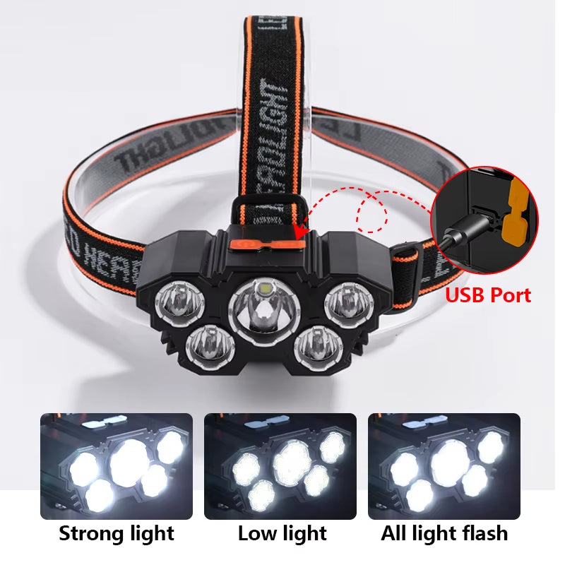 Rechargeable 5-LED Headlamp with Built-In Battery - Ultra-Bright Flashlight for Camping, Fishing, and Outdoor Adventures