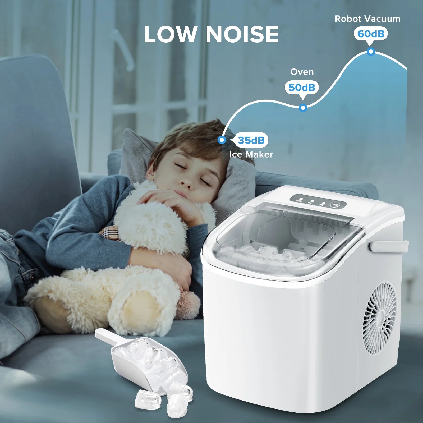 Simzlife 26 lbs/24H Countertop Ice Maker, 9 Bullet-Shaped Ice Cubes in 6 Min, Self-Cleaning, Portable with Scoop & Basket, White