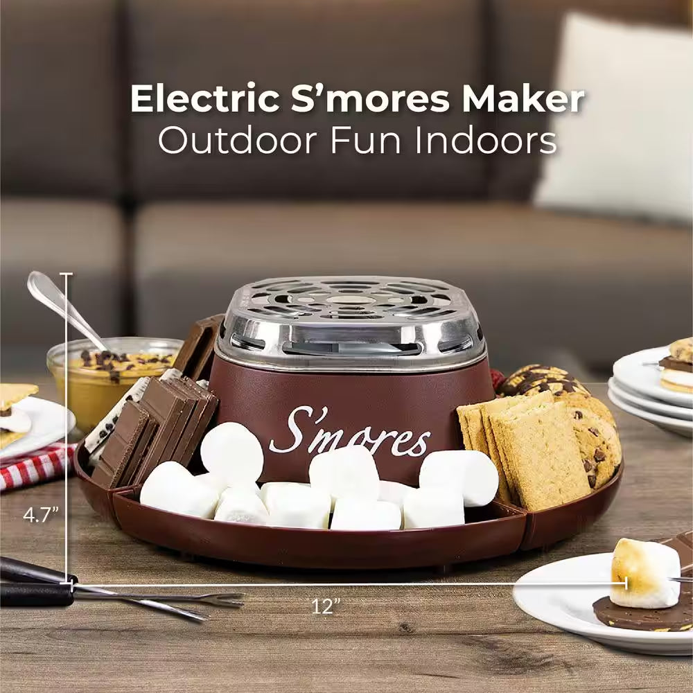 Nostalgia SMM200 Indoor Electric Stainless Steel S'mores Maker with 4-Compartment Lazy Susan Tray and 2 Roasting Forks, Java Brown