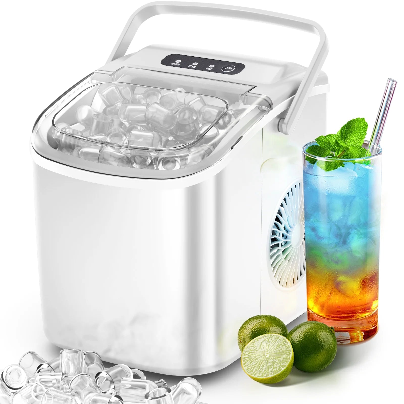 Simzlife 26 lbs/24H Countertop Ice Maker, 9 Bullet-Shaped Ice Cubes in 6 Min, Self-Cleaning, Portable with Scoop & Basket, White