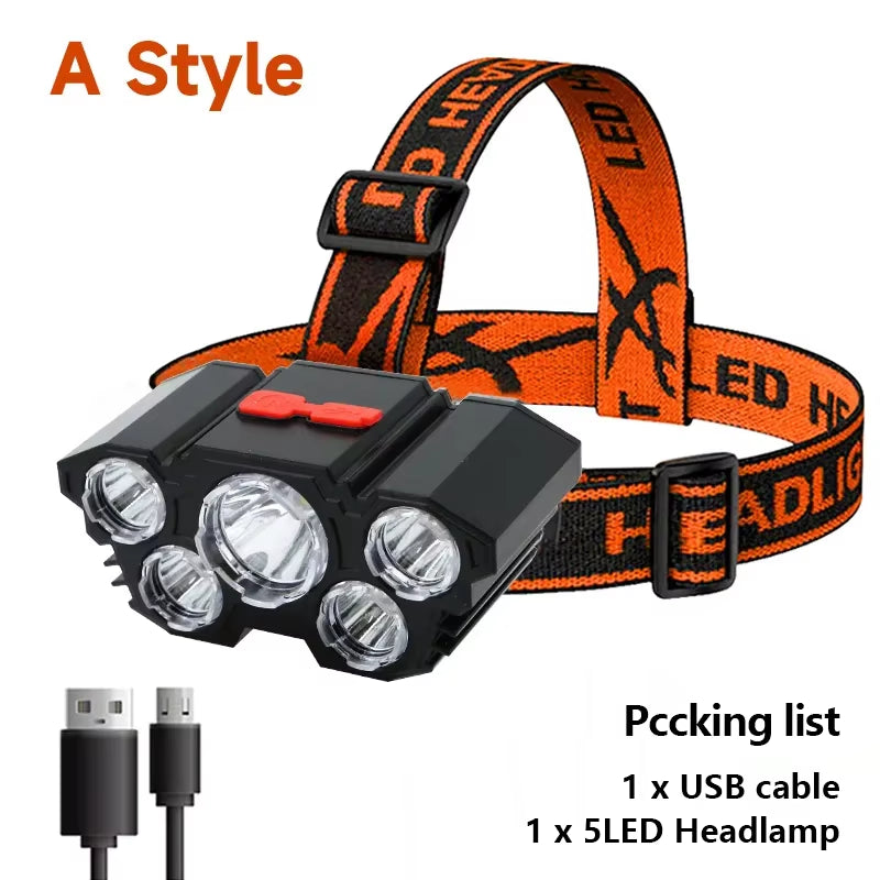 Rechargeable 5-LED Headlamp with Built-In Battery - Ultra-Bright Flashlight for Camping, Fishing, and Outdoor Adventures