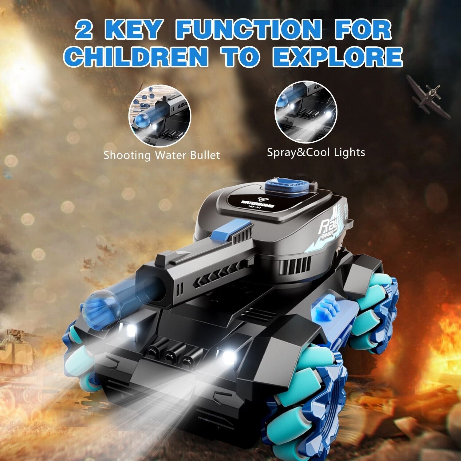Sgt Motards RC Tank Toy – 2.4G Gesture Control Water Bomb Tank, 4WD Stunt Car with 360° Rotation, Lights & Music, for Kids 6+