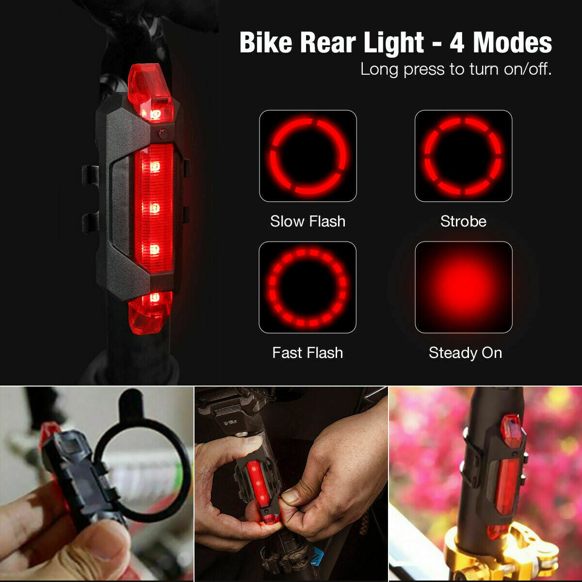 USB Rechargeable LED Bicycle Headlight and Taillight Set - Waterproof Front and Rear Bike Lights
