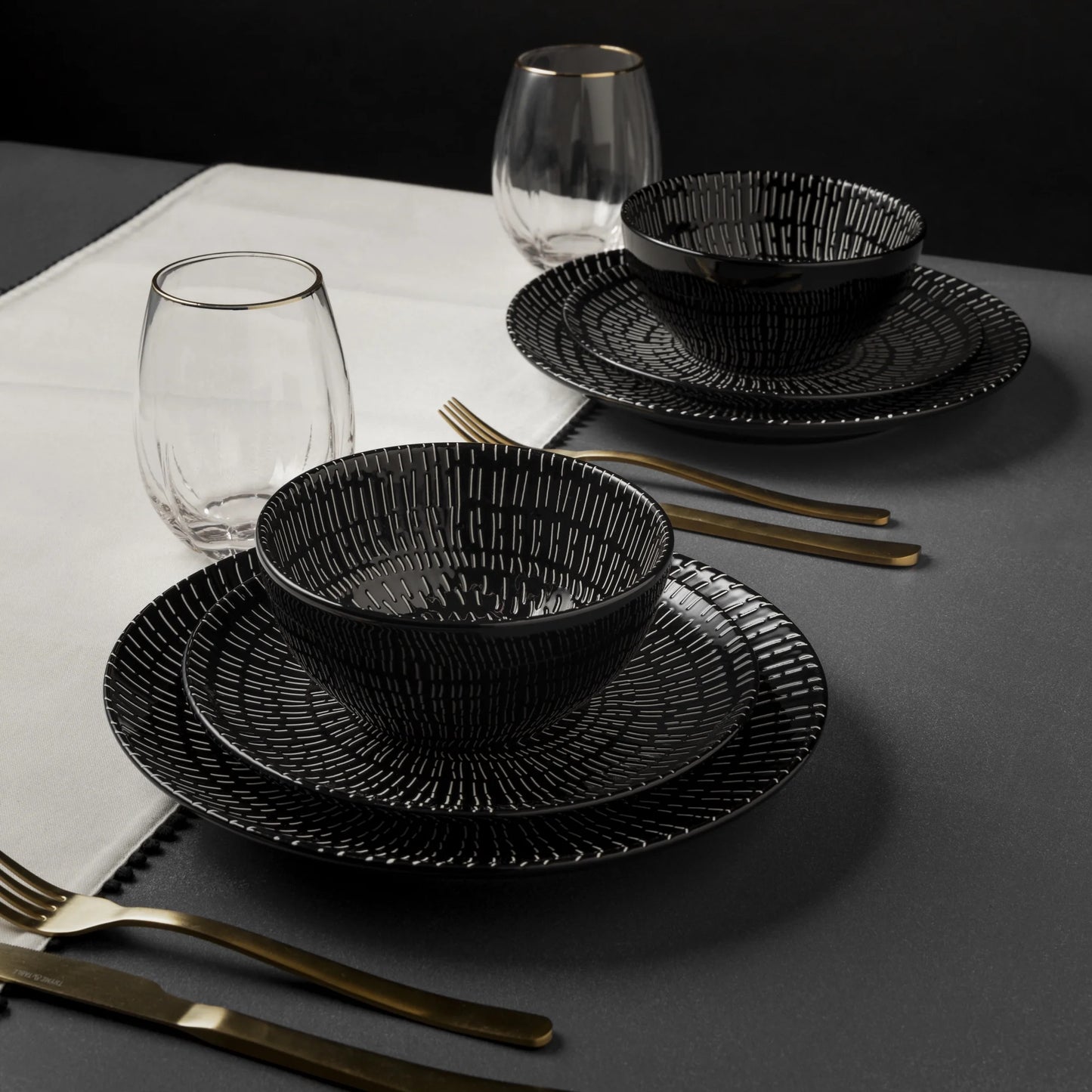 Thyme & Table Maddox Collection 12-Piece Stoneware Dinnerware Set, Service for 4, Teal/Black, Microwave & Dishwasher Safe