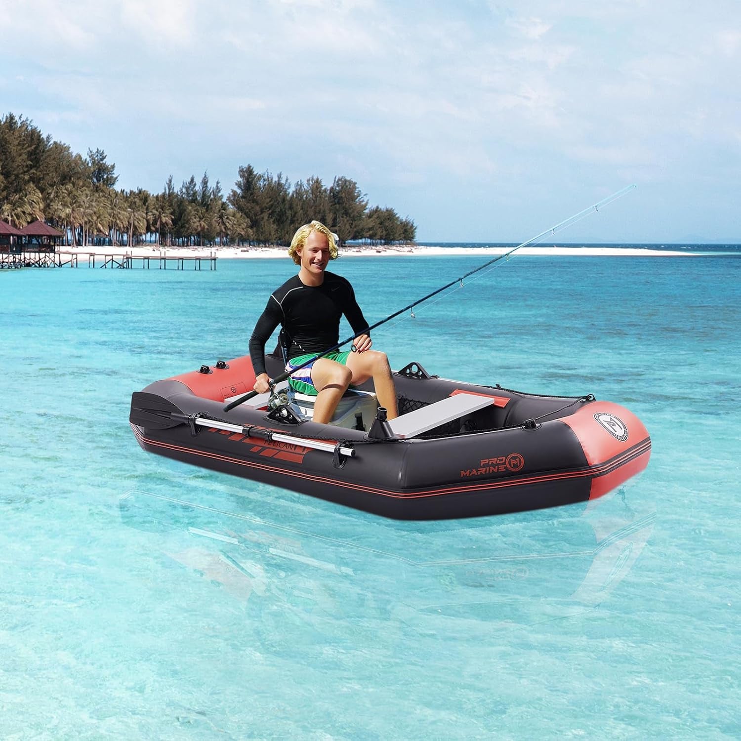 Sgt Motards 7.5ft Inflatable Fishing Boat Set for Adults & Kids – 660lb Capacity, Aluminum Oars, Fishing Rod Holders, Grab Rope, Air Pump, Motor Bracket