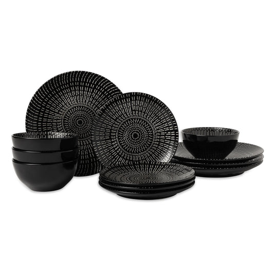 Thyme & Table Maddox Collection 12-Piece Stoneware Dinnerware Set, Service for 4, Teal/Black, Microwave & Dishwasher Safe