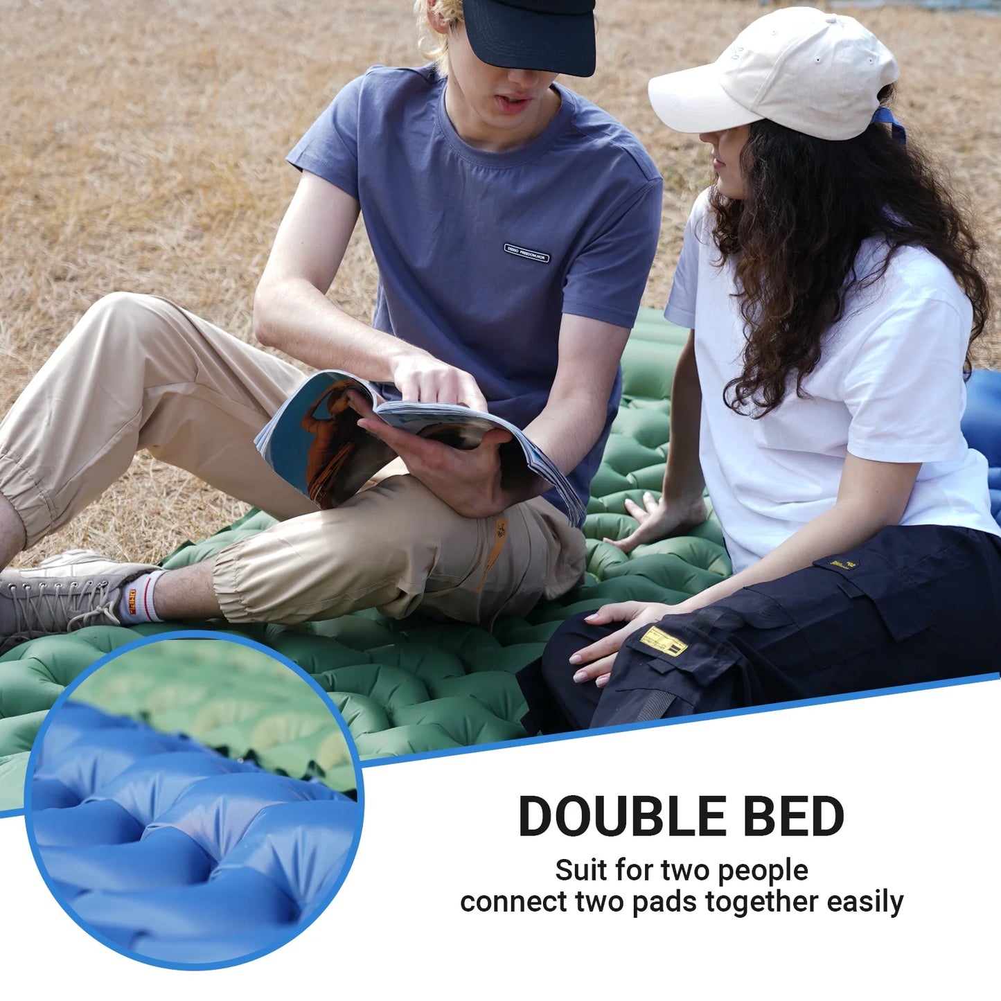 KingCamp Sleeping Pad for Camping, 40"x76" Self-Inflating Mattress with Built-In Foot Pump, Connectable, Durable with Pillow, Olive – Fits Tents & Hiking