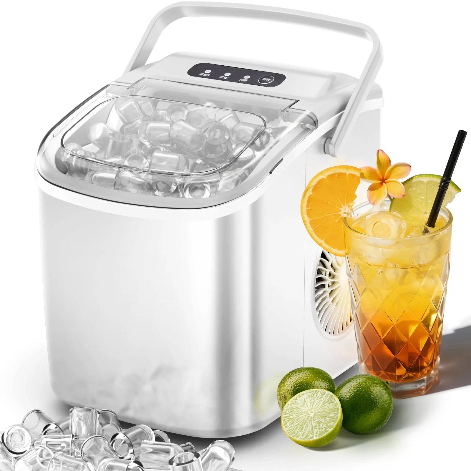 Simzlife 26 lbs/24H Countertop Ice Maker, 9 Bullet-Shaped Ice Cubes in 6 Min, Self-Cleaning, Portable with Scoop & Basket, White