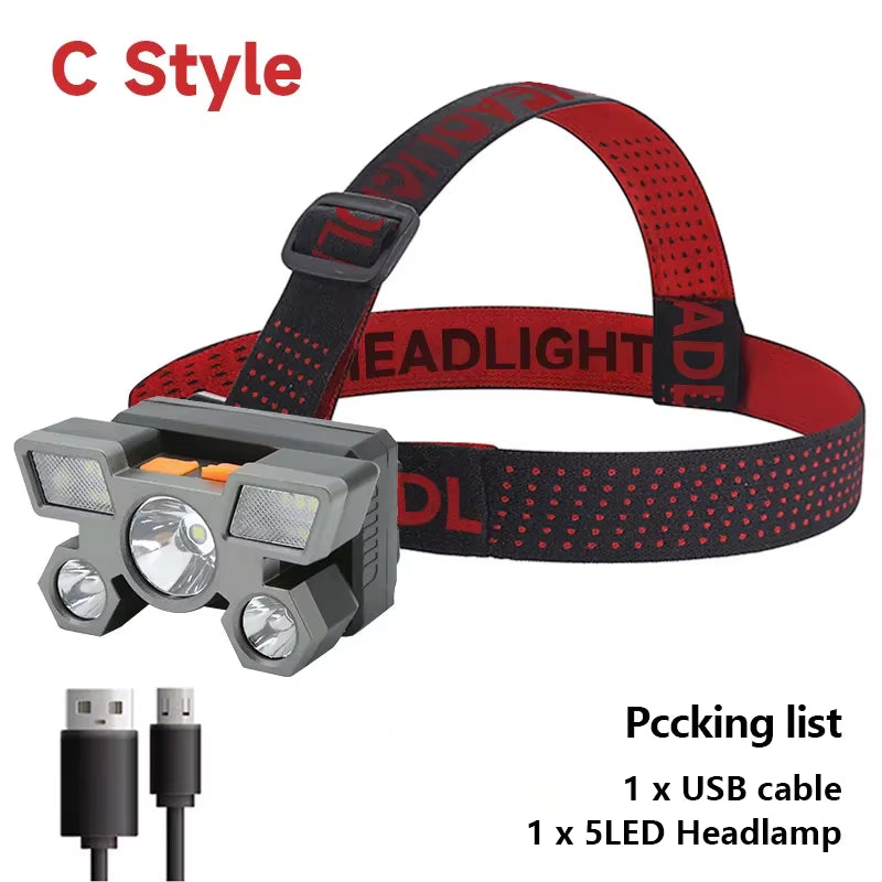 Rechargeable 5-LED Headlamp with Built-In Battery - Ultra-Bright Flashlight for Camping, Fishing, and Outdoor Adventures
