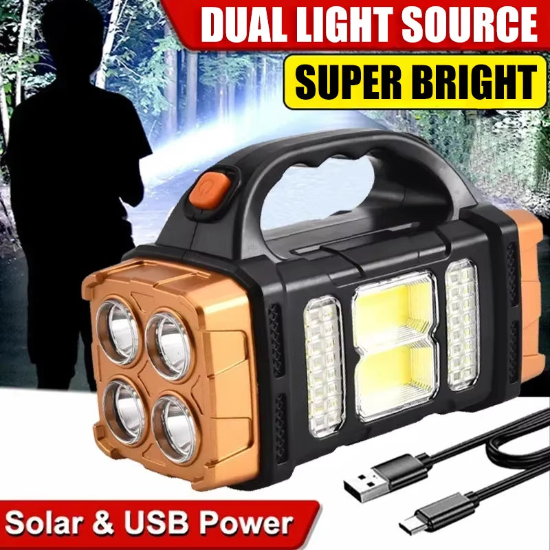 SolarWinds USB Rechargeable Portable Flashlight with Solar LED & COB Work Light, 4 Modes, Mobile Phone Charging, IP65 Waterproof, for Camping, Hiking, Emergency