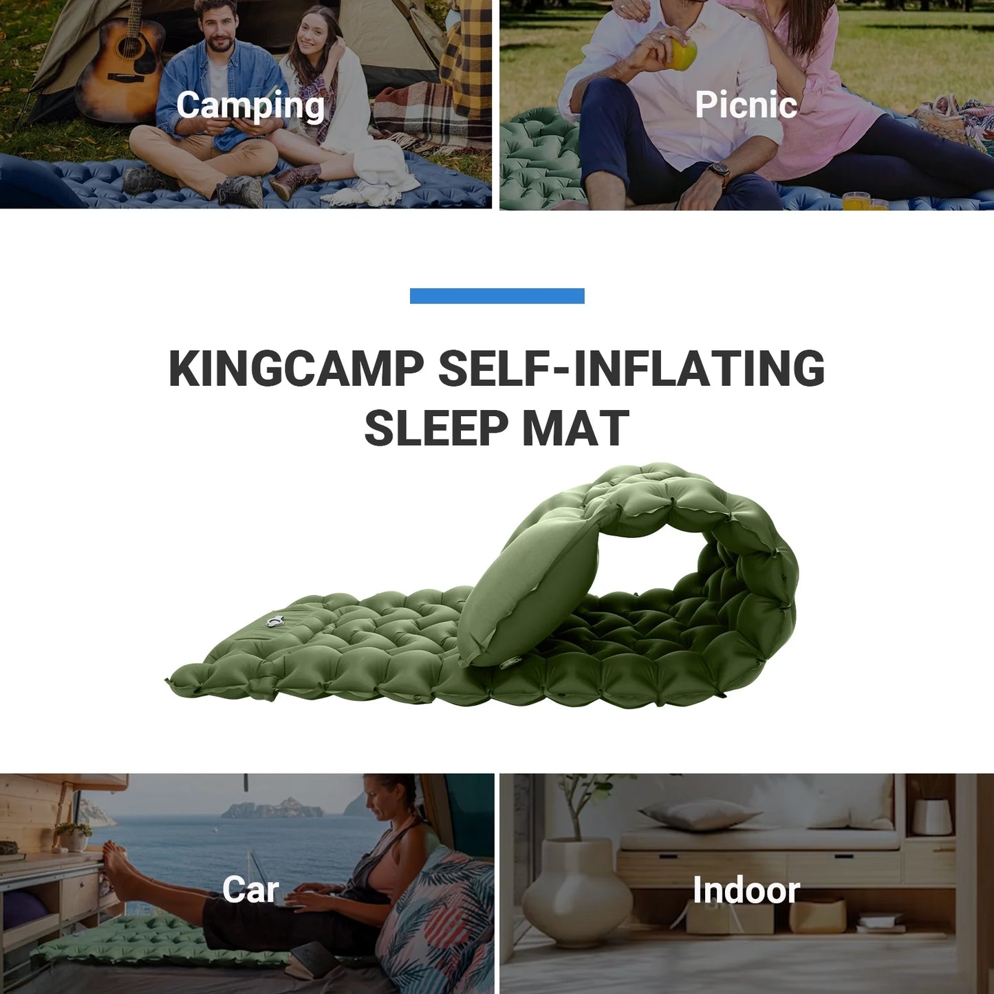 KingCamp Sleeping Pad for Camping, 40"x76" Self-Inflating Mattress with Built-In Foot Pump, Connectable, Durable with Pillow, Olive – Fits Tents & Hiking