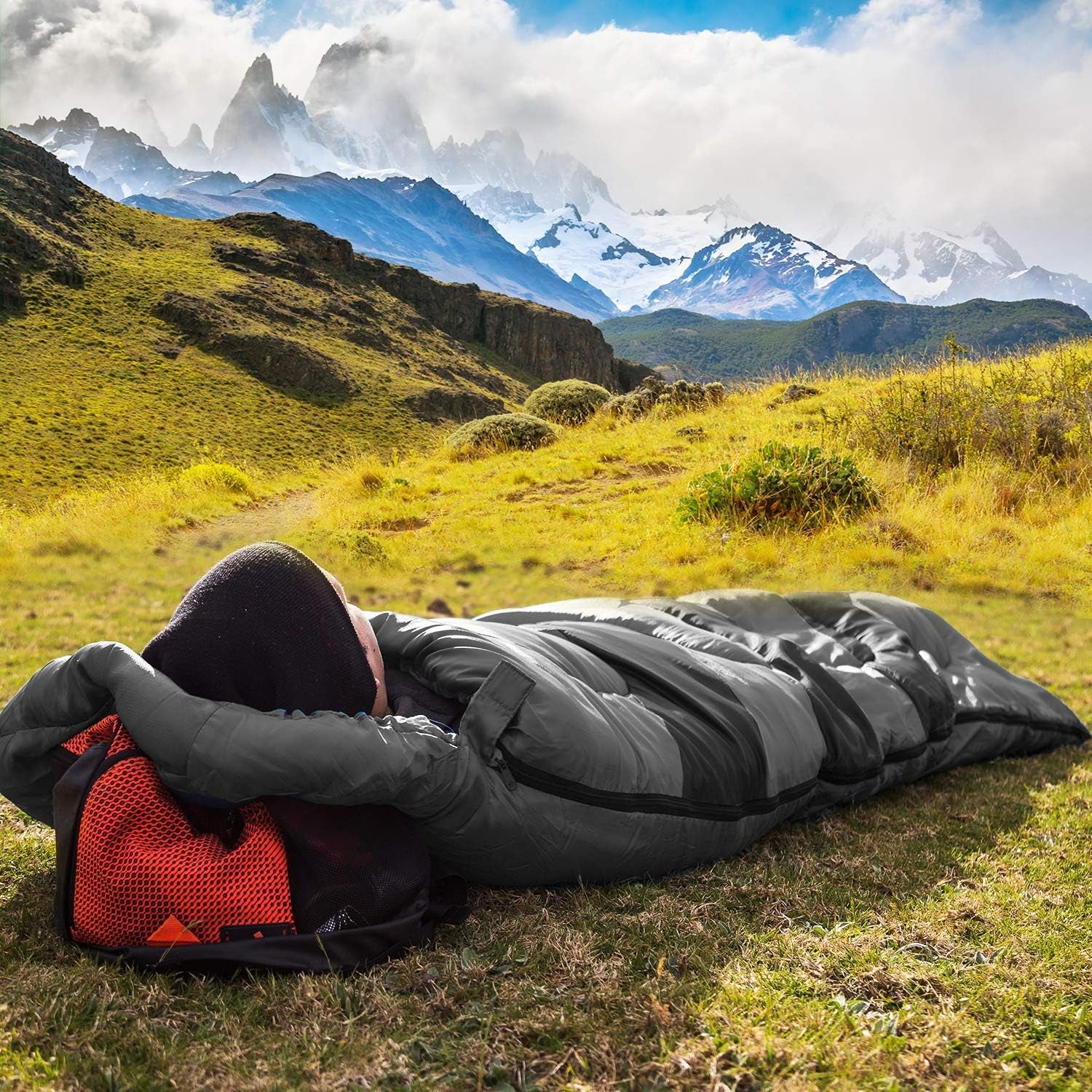 HiHiker 4-Season Camping Sleeping Bag with Travel Pillow & Compact Compression Sack – Lightweight, Warm, Washable for Adults & Kids, Ideal for Hiking & Traveling