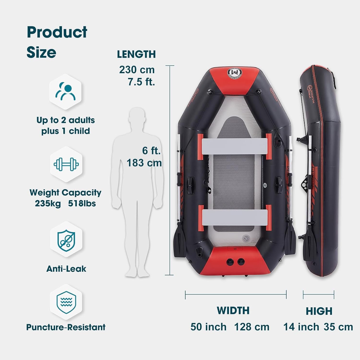 Sgt Motards 7.5ft Inflatable Fishing Boat Set for Adults & Kids – 660lb Capacity, Aluminum Oars, Fishing Rod Holders, Grab Rope, Air Pump, Motor Bracket