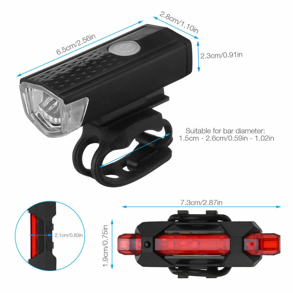 USB Rechargeable LED Bicycle Headlight and Taillight Set - Waterproof Front and Rear Bike Lights