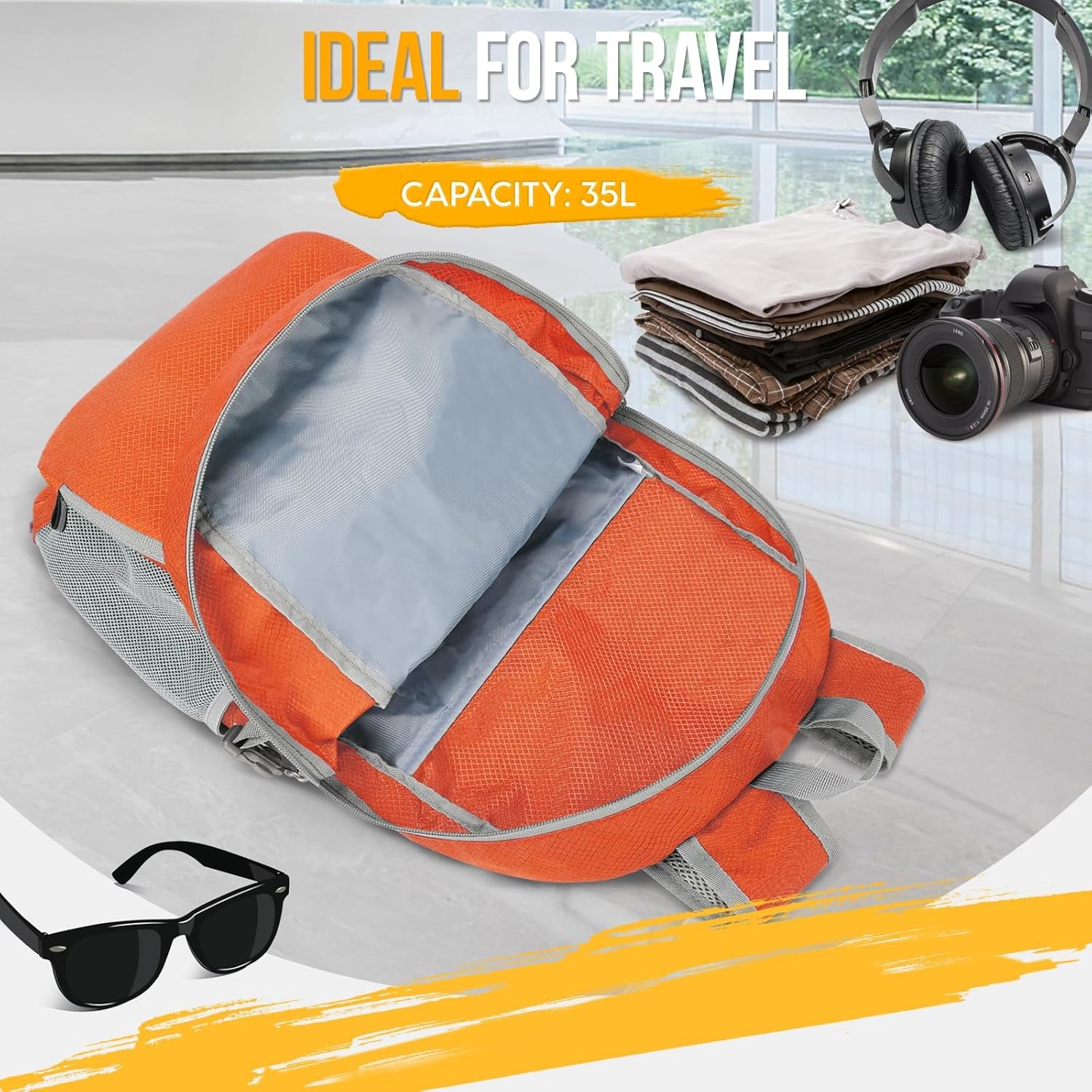 Lightweight Packable Backpack, Water-Resistant Foldable Hiking Daypack, Compact for Travel & Camping, Orange 35L