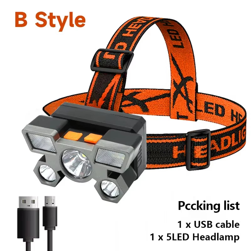 Rechargeable 5-LED Headlamp with Built-In Battery - Ultra-Bright Flashlight for Camping, Fishing, and Outdoor Adventures