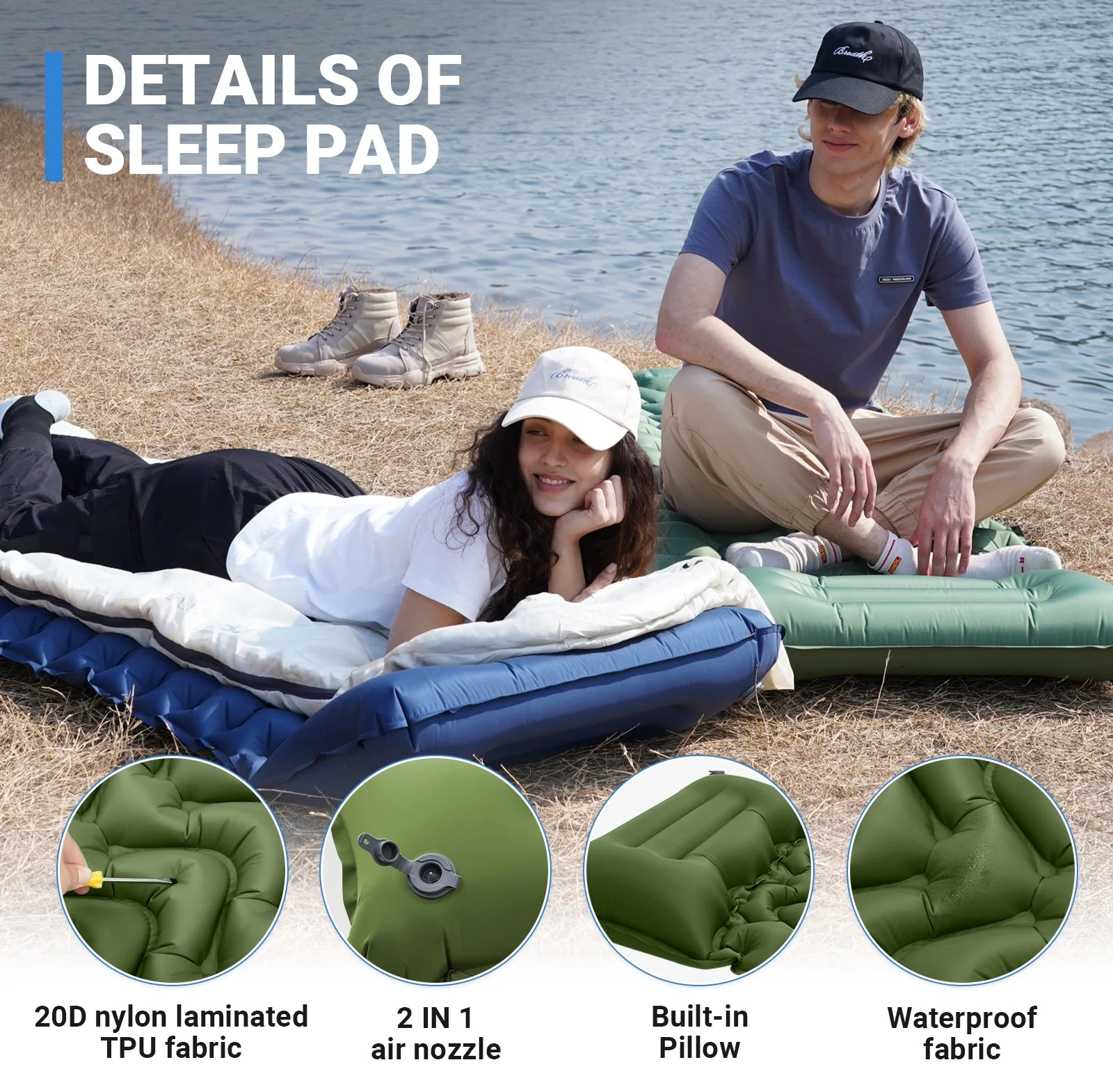 KingCamp Sleeping Pad for Camping, 40"x76" Self-Inflating Mattress with Built-In Foot Pump, Connectable, Durable with Pillow, Olive – Fits Tents & Hiking