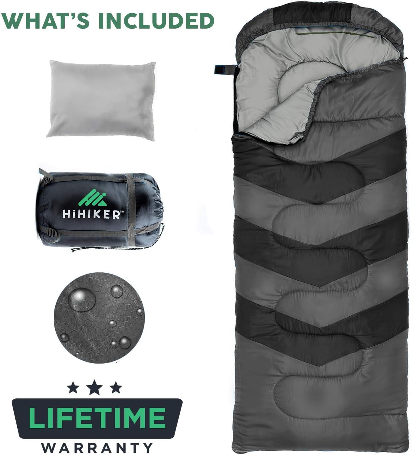HiHiker 4-Season Camping Sleeping Bag with Travel Pillow & Compact Compression Sack – Lightweight, Warm, Washable for Adults & Kids, Ideal for Hiking & Traveling