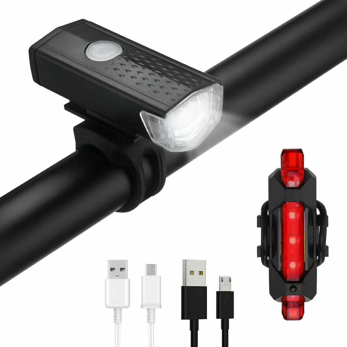 USB Rechargeable LED Bicycle Headlight and Taillight Set - Waterproof Front and Rear Bike Lights