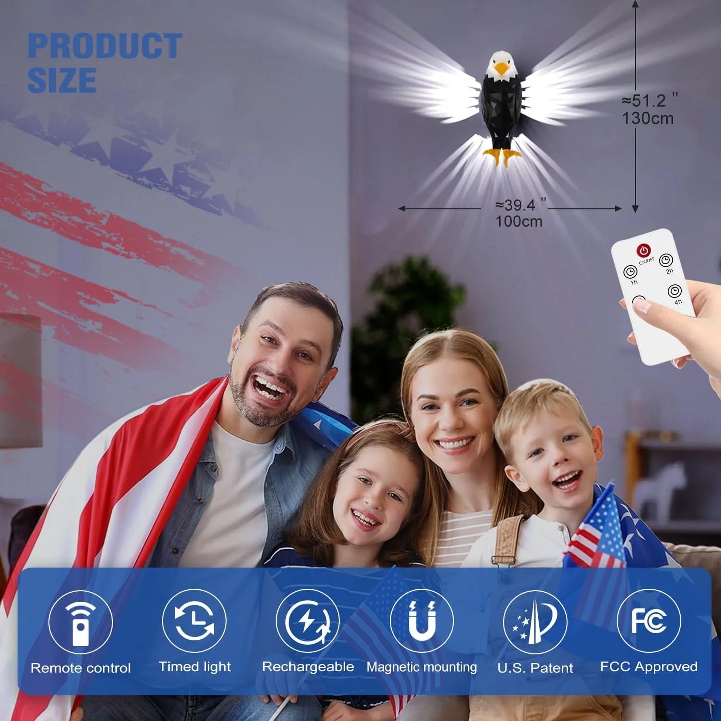 Sgt Motards Bald Eagle LED Wall Light – Remote Control, Magnetic Mount, Rechargeable 3D American Eagle Night Light for Bedroom, Living Room, Hallway