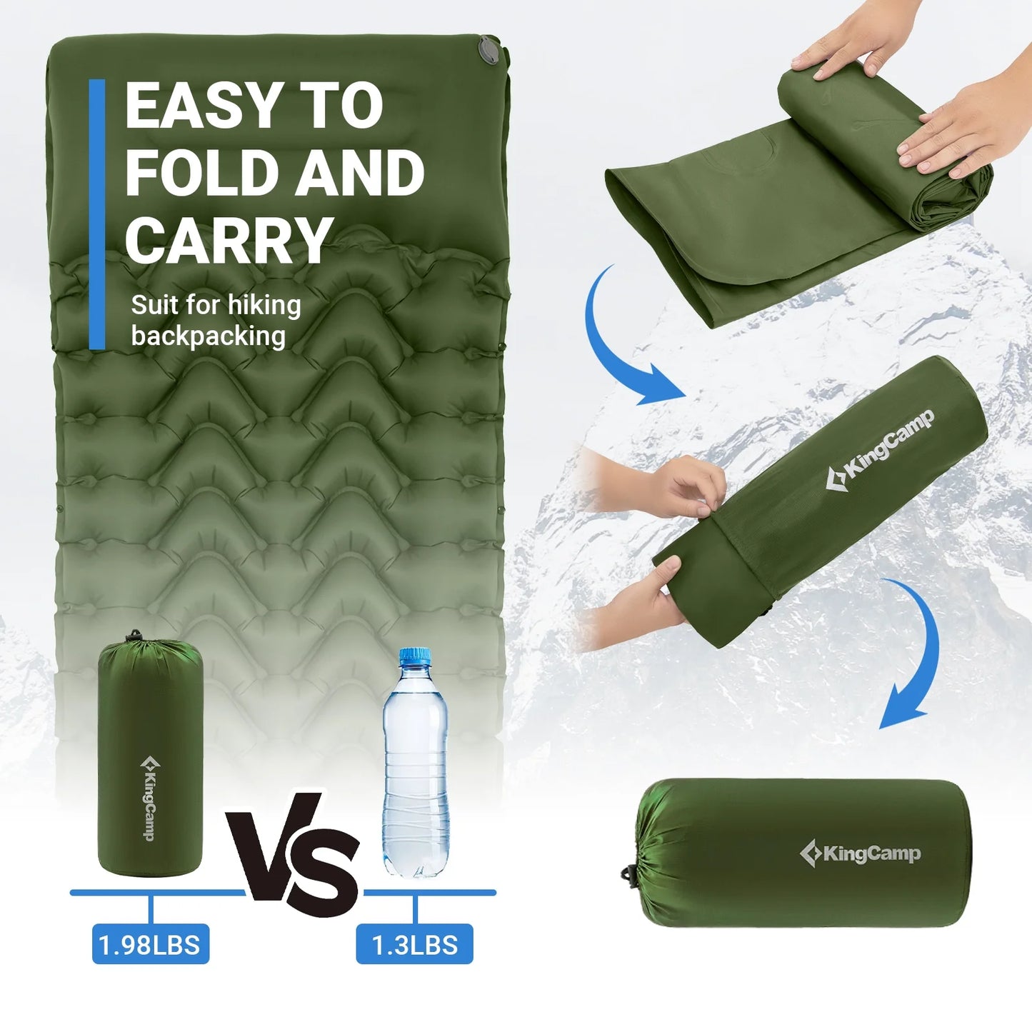 KingCamp Sleeping Pad for Camping, 40"x76" Self-Inflating Mattress with Built-In Foot Pump, Connectable, Durable with Pillow, Olive – Fits Tents & Hiking