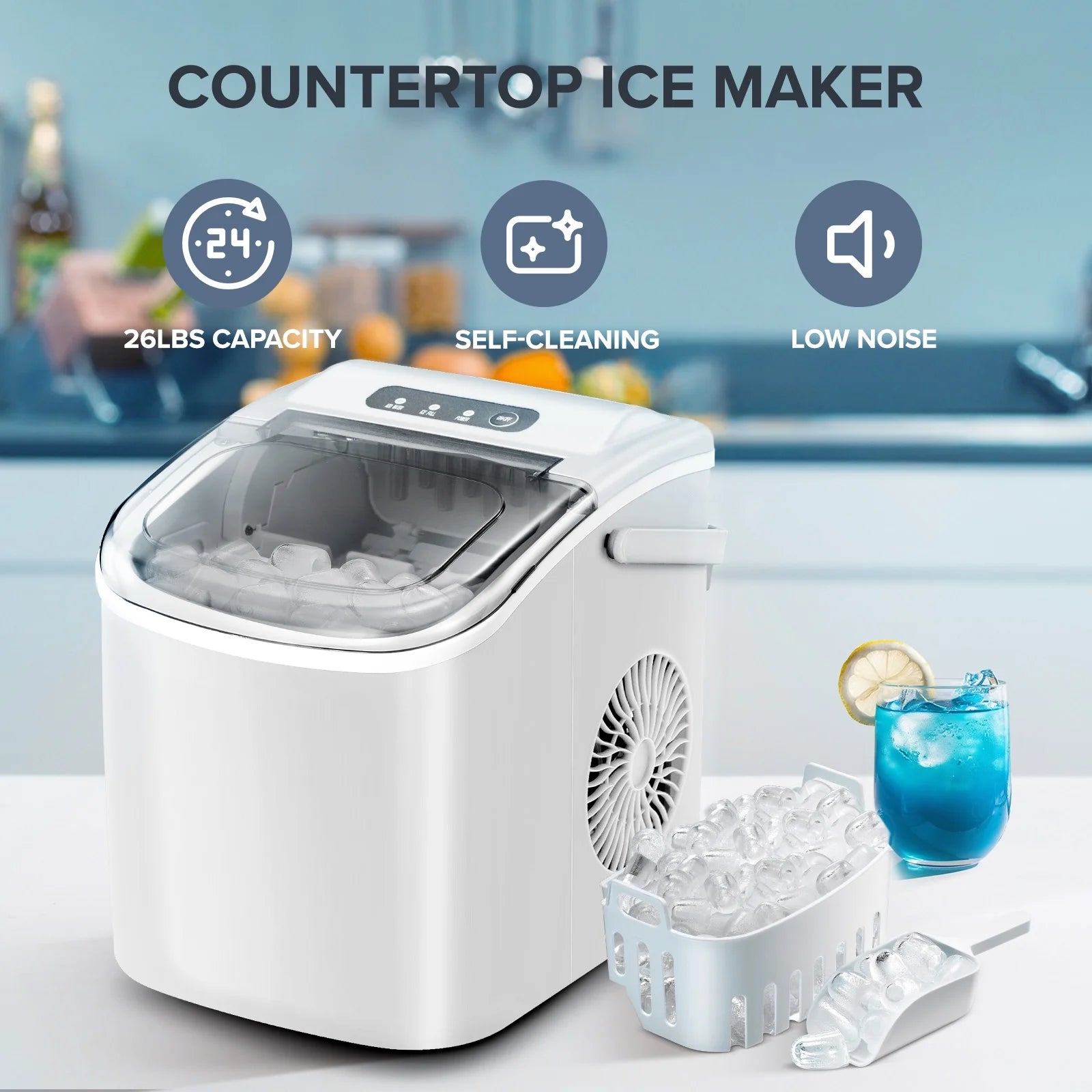 Simzlife 26 lbs/24H Countertop Ice Maker, 9 Bullet-Shaped Ice Cubes in 6 Min, Self-Cleaning, Portable with Scoop & Basket, White