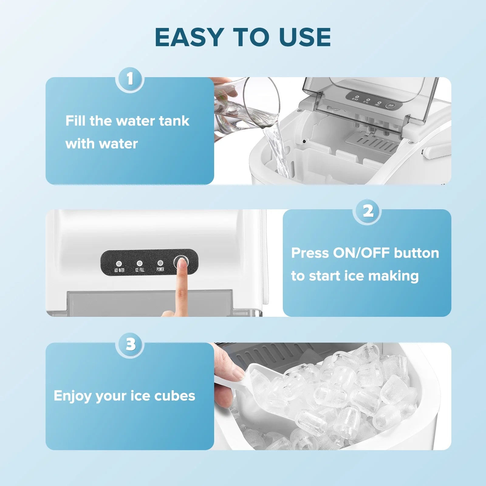 Simzlife 26 lbs/24H Countertop Ice Maker, 9 Bullet-Shaped Ice Cubes in 6 Min, Self-Cleaning, Portable with Scoop & Basket, White