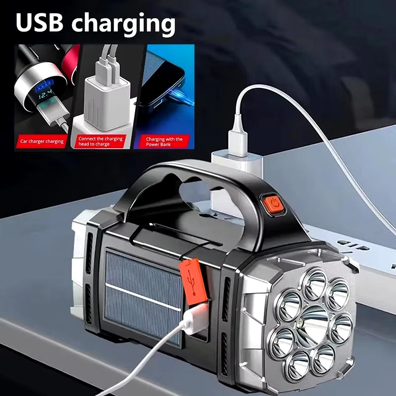SolarWinds USB Rechargeable Portable Flashlight with Solar LED & COB Work Light, 4 Modes, Mobile Phone Charging, IP65 Waterproof, for Camping, Hiking, Emergency