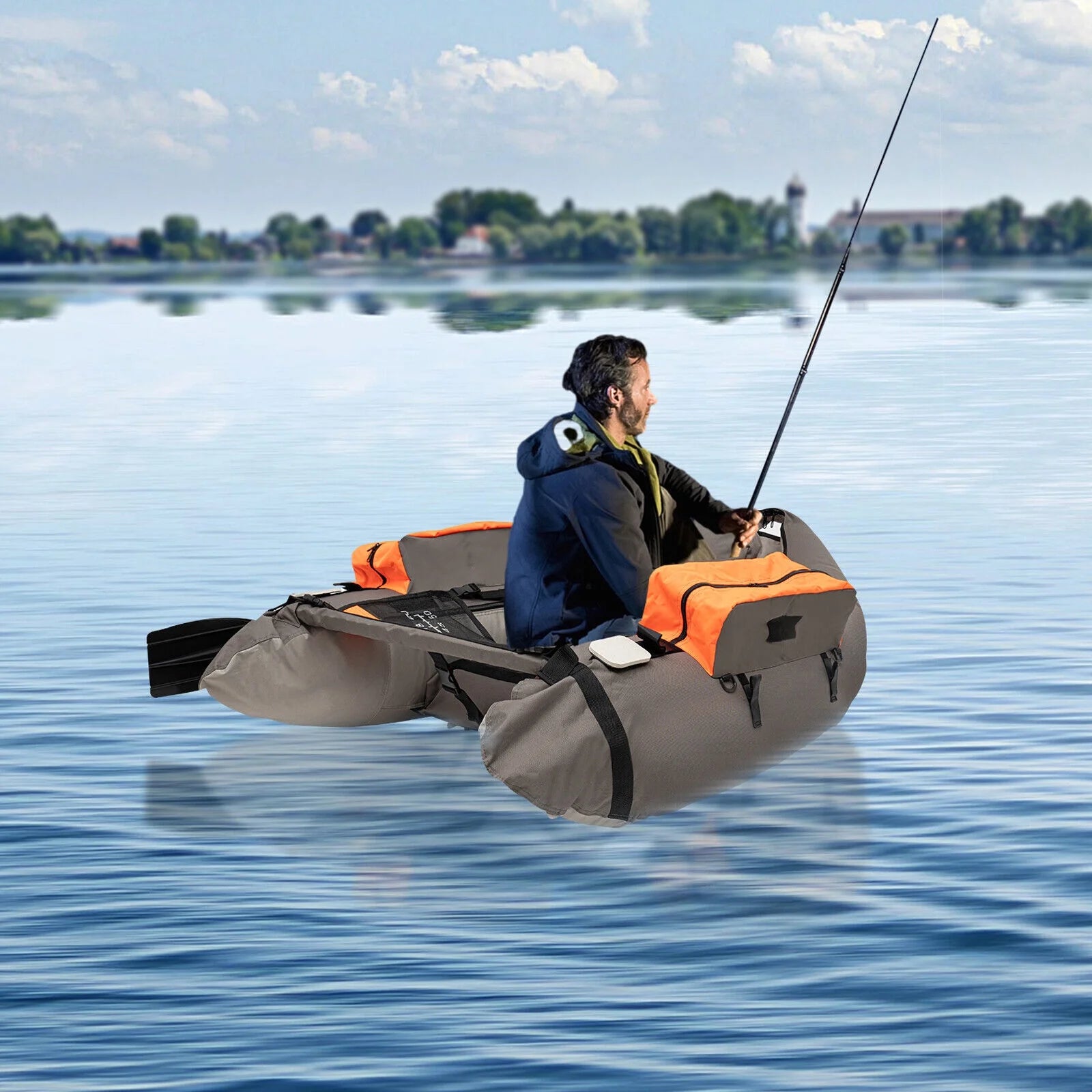 Sgt Motards 5.5ft Portable Inflatable Fishing Boat Raft – 286lb Capacity, Adjustable Backrest (90-180°), Hand Air Pump, Fishing Ruler, for Lakes & Rivers