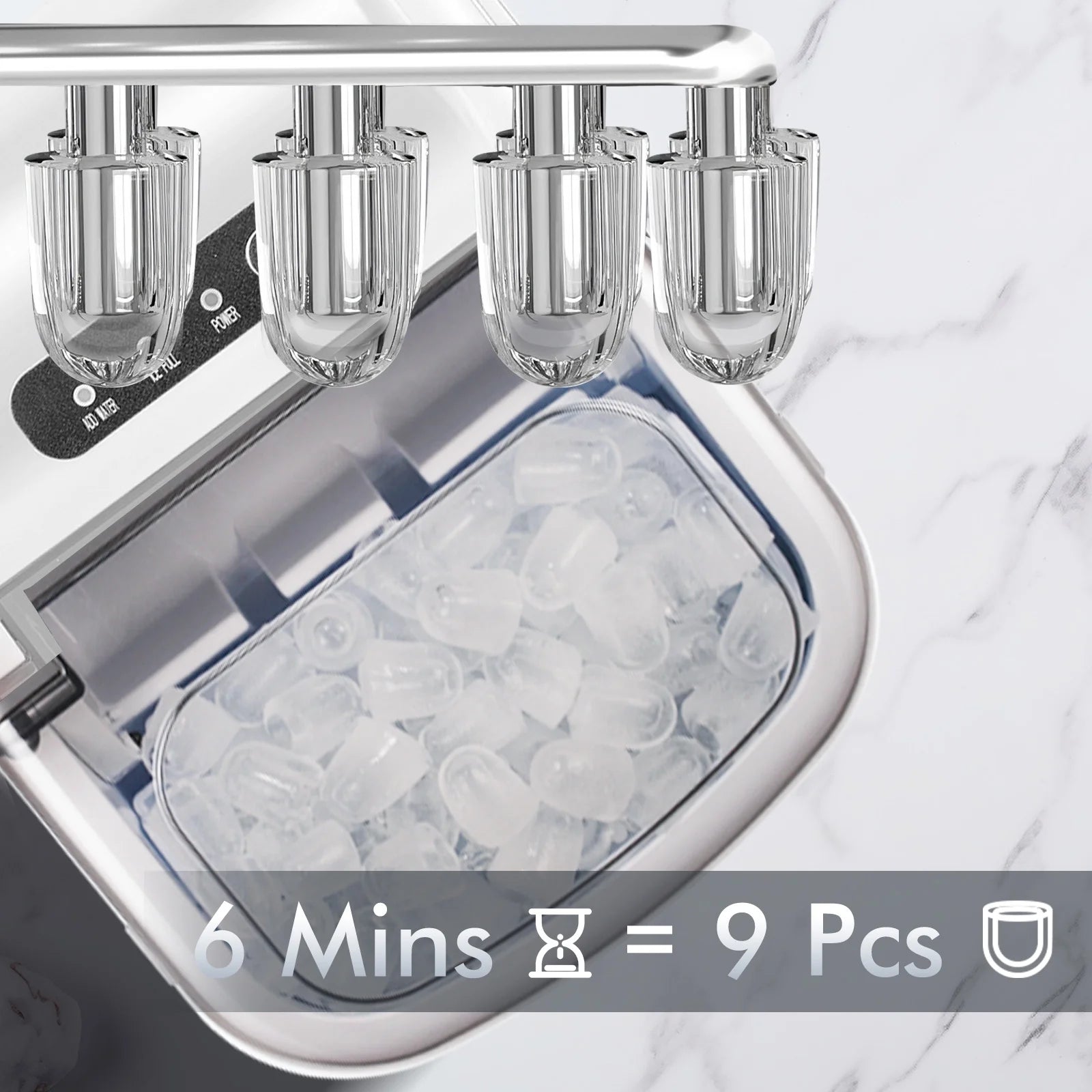 Simzlife 26 lbs/24H Countertop Ice Maker, 9 Bullet-Shaped Ice Cubes in 6 Min, Self-Cleaning, Portable with Scoop & Basket, White