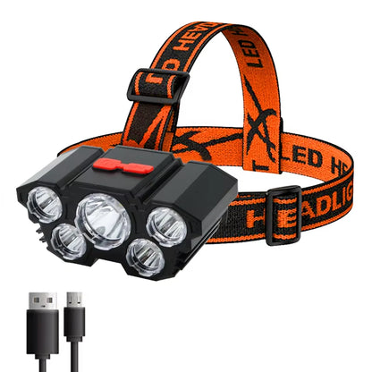 Rechargeable 5-LED Headlamp with Built-In Battery - Ultra-Bright Flashlight for Camping, Fishing, and Outdoor Adventures