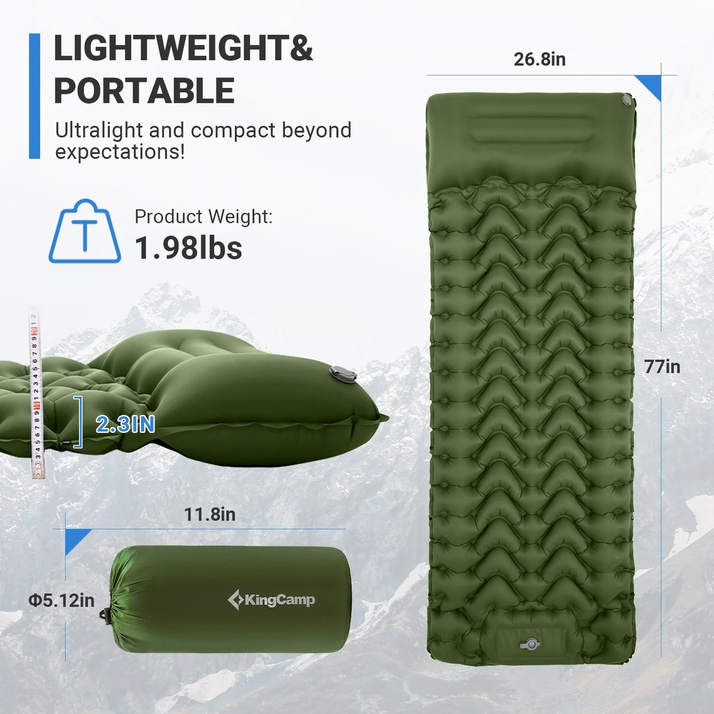 KingCamp Sleeping Pad for Camping, 40"x76" Self-Inflating Mattress with Built-In Foot Pump, Connectable, Durable with Pillow, Olive – Fits Tents & Hiking