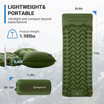 KingCamp Sleeping Pad for Camping, 40"x76" Self-Inflating Mattress with Built-In Foot Pump, Connectable, Durable with Pillow, Olive – Fits Tents & Hiking