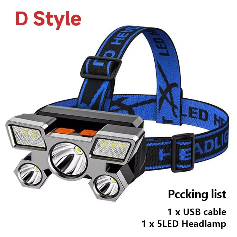 Rechargeable 5-LED Headlamp with Built-In Battery - Ultra-Bright Flashlight for Camping, Fishing, and Outdoor Adventures