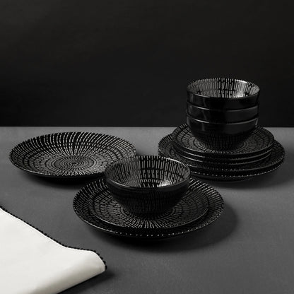 Thyme & Table Maddox Collection 12-Piece Stoneware Dinnerware Set, Service for 4, Teal/Black, Microwave & Dishwasher Safe