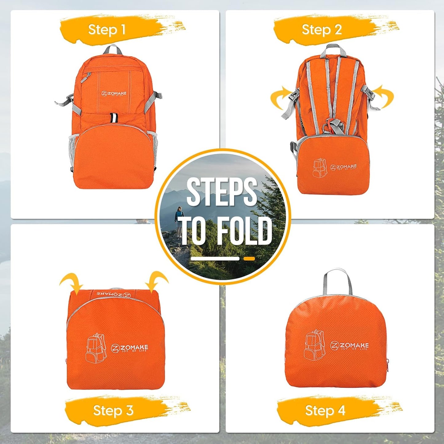  Lightweight Packable Backpack, Water-Resistant Foldable Hiking Daypack, Compact for Travel & Camping, Orange 35L