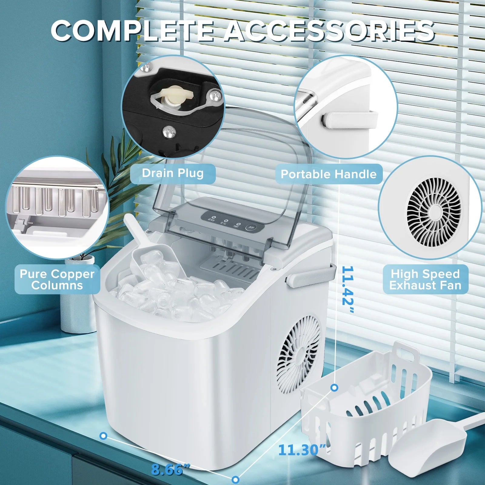 Simzlife 26 lbs/24H Countertop Ice Maker, 9 Bullet-Shaped Ice Cubes in 6 Min, Self-Cleaning, Portable with Scoop & Basket, White