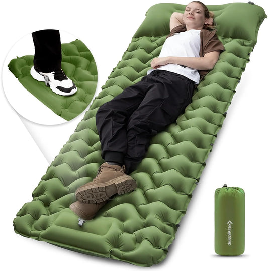 KingCamp Sleeping Pad for Camping, 40"x76" Self-Inflating Mattress with Built-In Foot Pump, Connectable, Durable with Pillow, Olive – Fits Tents & Hiking